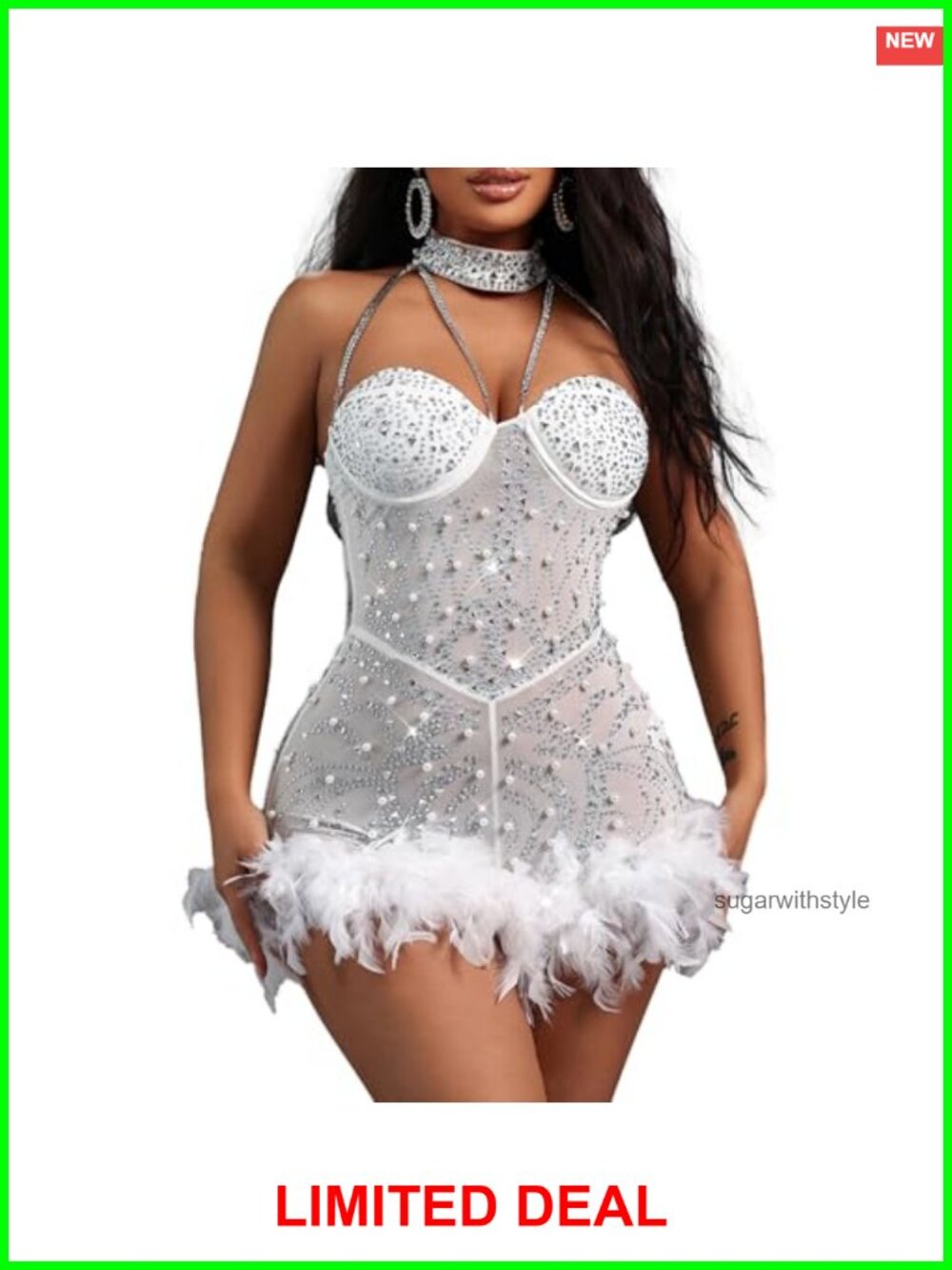 Feather Rhinestone Sequin Bodycon Club Night Out Party Mini Dress